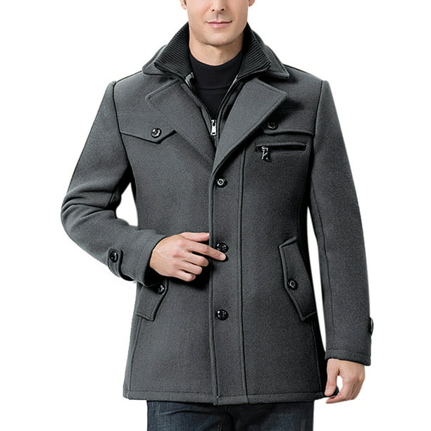 Mens Winter Coat Single Breasted Wool Pea Coat Military Jacket 